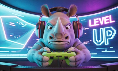 Cartoon rhino gamer with headphones and controller in neon gaming room