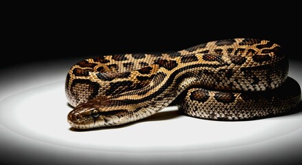 Fototapeta premium Coiled Python's Intricate Pattern Displayed Against a Stark Whit