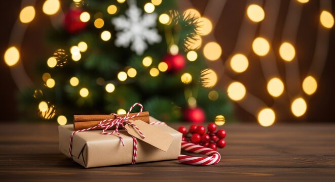 Festive Christmas gift with candy cane and cinnamon sticks in front of a decorated tree with bokeh lights.