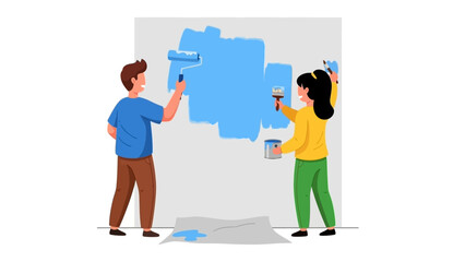Couple painting wall blue with roller and brush, home renovation and decoration
