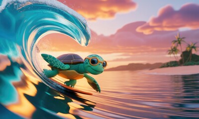 Cartoon turtle surfs a vibrant wave at sunset