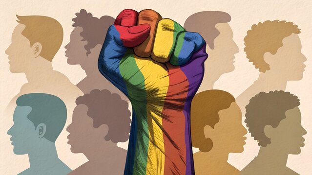 Rainbow Fist with Diverse Silhouettes – LGBTQ+ Pride, Empowerment, Inclusion, Social Justice, Conceptual, Abstract, Symbolism, Unity