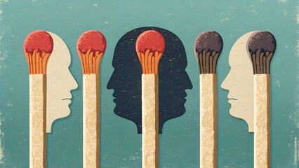 Matchstick Heads Facing Central Shadow – Leadership, Influence, Group Dynamics, Conceptual, Abstract, Symbolism, Communication, Individuality