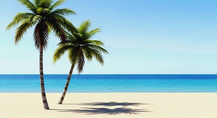 Obraz premium Two Palm Trees Casting Shadows on Sandy Beach with Turquoise Oce