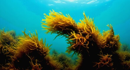Underwater View of Golden Kelp Forest with Sunlight Filtering Th
