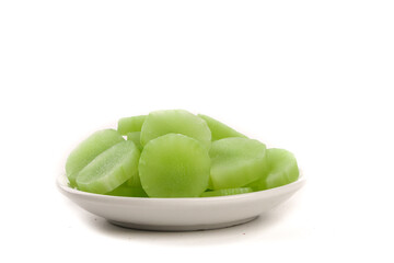 Fresh Green Cucumber Slices in White Plate on White Background