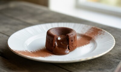 Chocolate lava cake on a plate.  Melted chocolate center