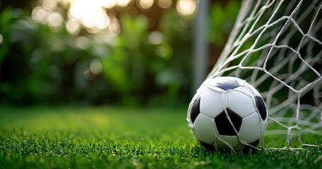 Close-Up of a Soccer Ball Resting Next to a Goal on Green Grass