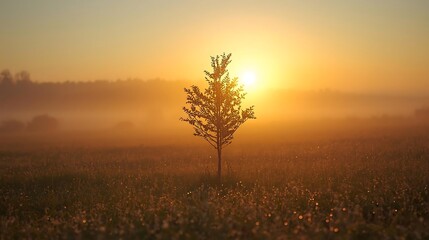 Solitary tree silhouette in misty field during warm sunrise or sunset