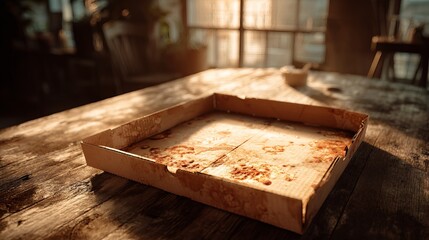 Empty pizza box on rustic wooden table bathed in warm sunlight, a reminder of fun times, celebration, and delicious memories shared together