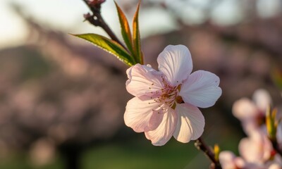 Obraz premium Close-up of a delicate pink blossom. Soft sunlight highlights the petals