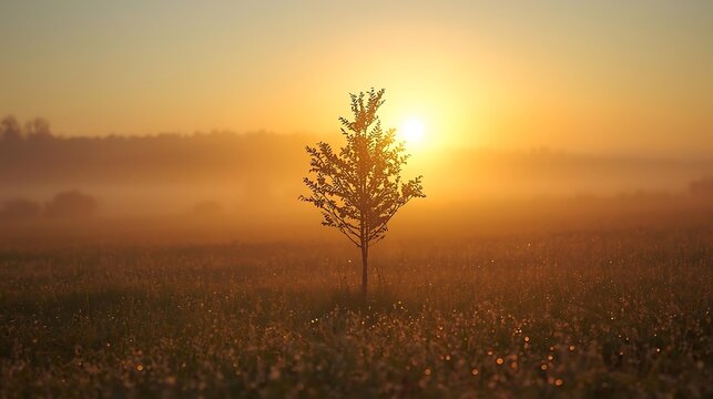 Solitary tree silhouette in misty field during warm sunrise or sunset - Powered by Adobe