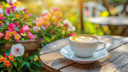 Cup of coffee on wooden table among flowers and sunlight
