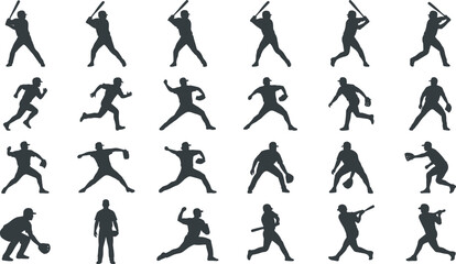 Black Silhouettes of Baseball Players in Dynamic Action Poses Including Batting, Pitching, Running, and Fielding for Sports Design Projects