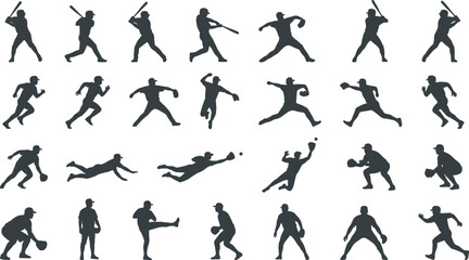 Black Silhouettes of Baseball Players in Athletic Action Poses Including Batting, Pitching, Catching, Running, and Fielding for Sports Design Projects