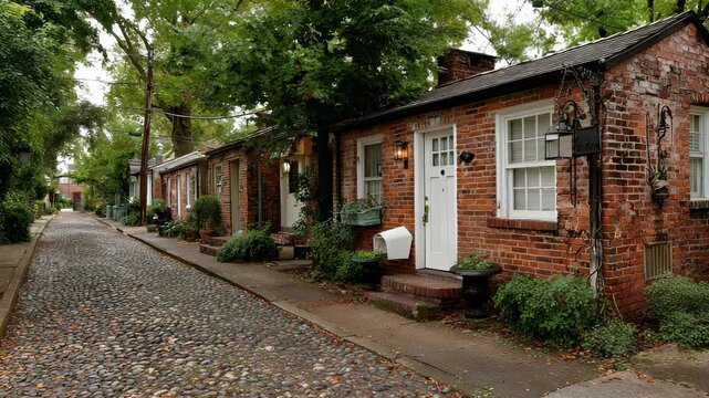 Quaint Historic Brick Row Houses on Cobblestone Street Lined with Lush Green Trees in Savannah, Georgia