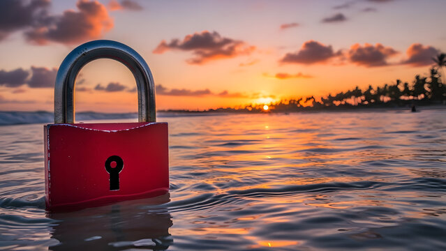 Security concept with padlock on beach during sunset