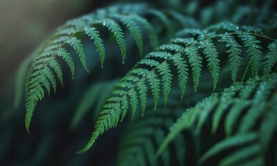 Close-up of fern fronds with dew drops. Lush green fern leaves in soft focus, with water droplets glistening on the surface. Dark background