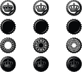Black Silhouettes of Bottle Caps Featuring Crown and Decorative Patterns for Beverage Packaging, Branding, and Graphic Design Projects