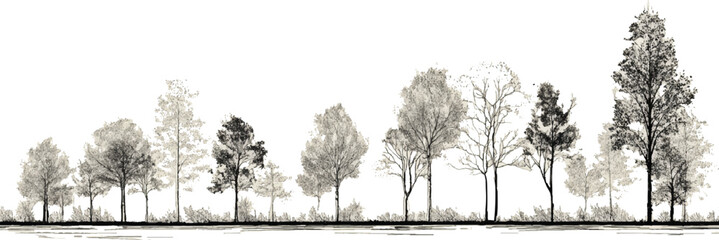 Monochrome line drawing of diverse trees with textured foliage and trunks forest nature © appl