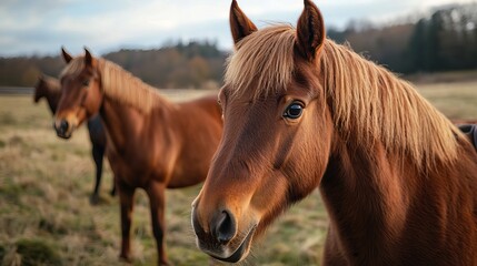 Brown horses eating fresh feed in a rustic farm setting