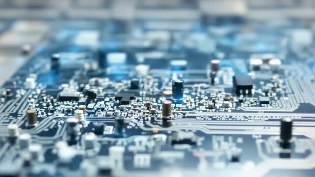 Modern circuit board technology pulsing with digital information for cutting edge electronics and computer systems innovation, powerful processing
