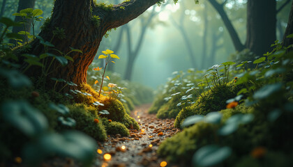 Enchanting forest scenery with sun rays filtering through trees and vibrant greenery
