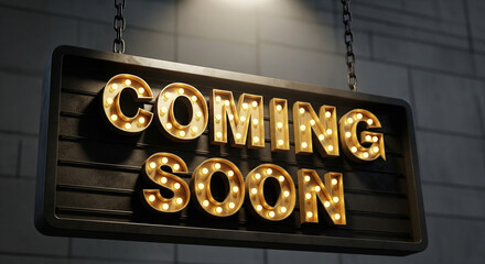 Retro illuminated sign glows with 'Coming Soon' text, creating anticipation for an event or announcement.