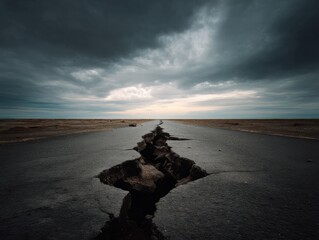 A desolate landscape featuring a cracked asphalt road under a moody, cloud-filled sky.