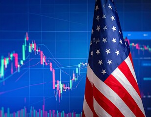 American flag draped in front of a blue stock market graph, representing financial themes