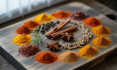 Colorful spices arranged in a circle on a wooden board
