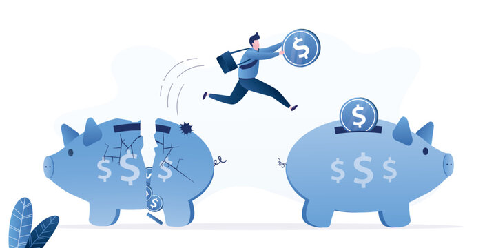 Preserving and growing capital and savings. Smart businessman holds dollar coins and jumps from broken piggy bank to new, profitable one. Protective assets, profitable financial strategy