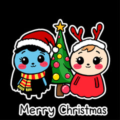 Two kawaii characters, one blue with a santa hat and scarf, and one with reindeer antlers, stand beside a decorated christmas tree. 'Merry Christmas' text is below.
