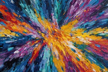 A vibrant abstract painting bursts forth with energetic strokes of textured oil paint.