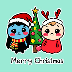 A cheerful christmas greeting card featuring two adorable cartoon characters and a festive christmas tree, all in a sweet, kawaii style against a light blue background.