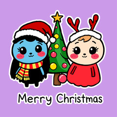 Two adorable kawaii characters, one blue with a santa hat and scarf, and the other fair skinned with reindeer antlers, stand beside a decorated Christmas tree. image against a soft lilac background.