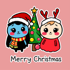 A charming christmas illustration featuring two kawaii-style characters and a decorated christmas tree, set against a soft pink backdrop. The image exudes a playful and festive holiday spirit.
