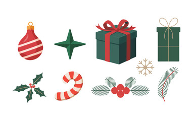 Christmas Icon Set, Holiday Ornaments, Gifts, Candy Cane and Festive Decorations.