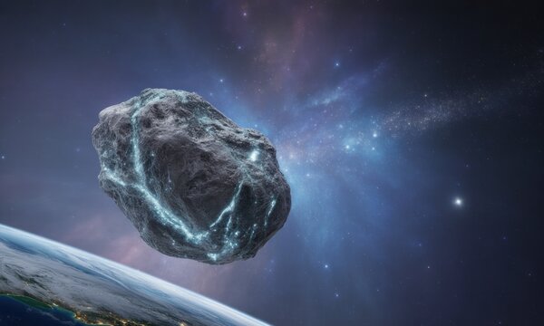 Cosmic collision A rocky asteroid with glowing fissures floats near Earth against a starry backdrop