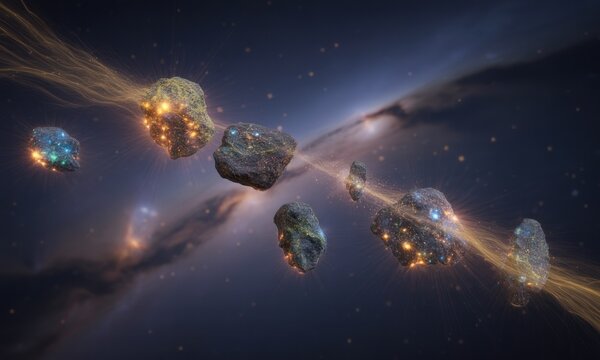 Cosmic debris field; asteroids in a nebula