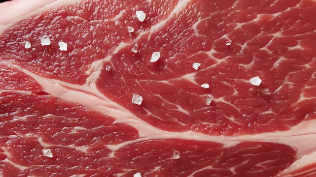 Close-up of Fresh Raw Beef Steak with Coarse Sea Salt Crystals, Marbling, Red Meat Texture, Premium Cut, Ready to Cook