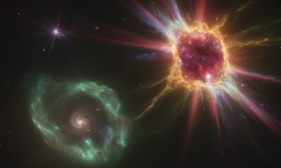 Fototapeta premium Cosmic view of two nebulae. One is green and swirling, the other bursting with red and gold