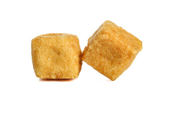 Crispy Golden Fried Tofu Cubes on White Background - Asian Vegetarian Food