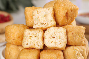 Deep Fried Tofu Puffs with Hollow Interior Display on White Dishes