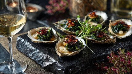 Elegant oysters on the half shell with gourmet toppings for upscale dining and culinary excellence in a sophisticated restaurant setting