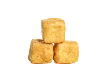 Deep Fried Golden Tofu Cubes Stack - Crispy Vegetarian Protein Food Ingredient on White Background