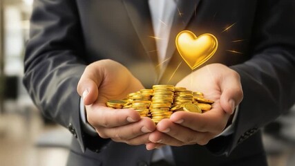 Sharing wealth and generosity as hands offer gleaming gold coins and a radiant heart, symbolizing kindness and financial giving for corporate responsibility