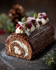 Delicious Yule Log cake, a traditional Christmas dessert, elegantly decorated with whipped cream, fresh berries, and dusted with powdered sugar, sitting on a slate platter.