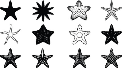 Black Silhouettes of Starfish in Unique Artistic Styles and Textures for Marine Life, Ocean Decor, and Graphic Design Projects
