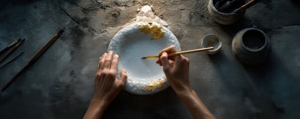 Overhead shot of hands gilding a decorative ceramic plate.
